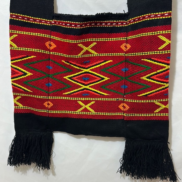 Black and Red Geometric Shoulder Bag with Fringe - Picture 2 of 6